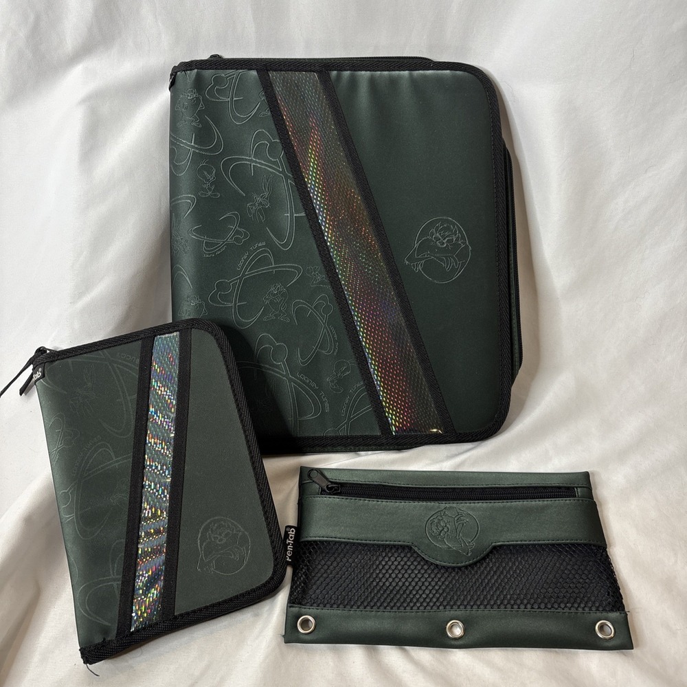 LOONEY TUNES Warner Bros 2000 PEN TAB Taz Devil 3 Pc Binder School Set Green Vtg
